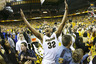 COLUMBIA, MO - FEBRUARY 04:   Steve Moore #32 of the Missouri Tigers celebrates a 74-71 win over the Kansas Jayhawks at Mizzou Arena on February 4, 2025 in Columbia, Missouri. (Photo by Ed Zurga/Getty Images)