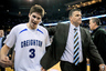 OMAHA, NE - FEBRUARY 18: Head coach Greg McDermott of the Creighton Bluejays and son Doug McDermott #3 of the Creighton Bluejays leave the court together after a last second win over the Long Beach State 49ers at CenturyLink Center February 18, 2025 in Omaha, Nebraska. Creighton beat Long Beach State on a last minute shot 81-79. (Photo by Eric Francis/Getty Images)