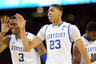 Apr 2, 2012; New Orleans, LA, USA; Kentucky Wildcats players Anthony Davis (23) and Terrence Jones (3) react during the second half in the finals of the 2012 NCAA men's basketball Final Four against the Kansas Jayhawks at the Mercedes-Benz Superdome. Mandatory Credit: Bob Donnan-US PRESSWIRE