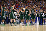 Mar 23, 2012; St. Louis, MO, USA; Ohio Bobcats guard Walter Offutt (3) and teammates react during the second half of the semifinals in the midwest region of the 2012 NCAA men's basketball tournament against the North Carolina Tar Heels at the Edward Jones Dome. Mandatory Credit: Scott Rovak-US PRESSWIRE